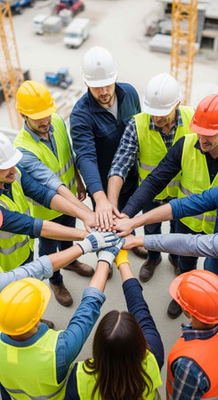 A group of construction workers wearing hard hats and vests stack their hands together