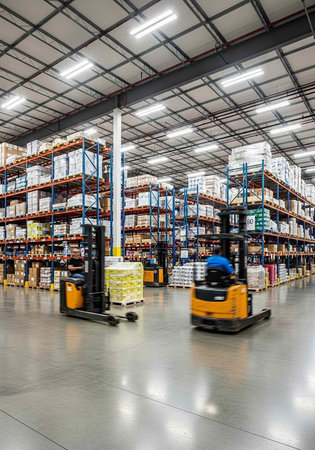 A large warehouse with forklifts and shelves stocked with boxes and pallets of goodsの写真素材