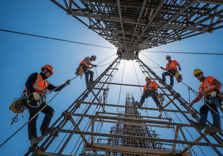 A group of workers in safety gear climbing a large metal tower structureの写真素材