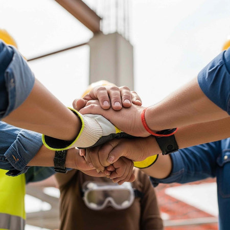 A group of construction workers stacking their hands in a symbol of teamwork and unityの写真素材