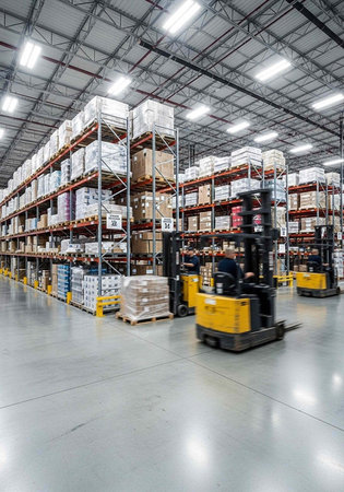 A forklift operator navigates through a large warehouse with rows of shelving units