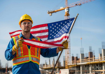Portrait of a construction worker with USA flag on construction site backgroundの写真素材