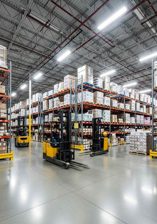 A large warehouse with forklifts and shelves stocked with boxes and pallets of goodsの写真素材