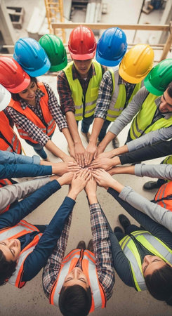 A group of construction workers wearing hard hats and vests putting their hands togetherの写真素材