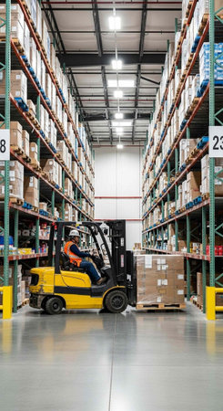 A warehouse worker operates a forklift among tall shelving units stacked with boxes and pallets.の写真素材