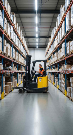 A man operates a forklift in a large warehouse with high shelves and boxesの写真素材