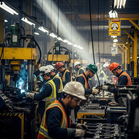 Industrial workers in hard hats and safety vests operate heavy machinery in a factoryの写真素材