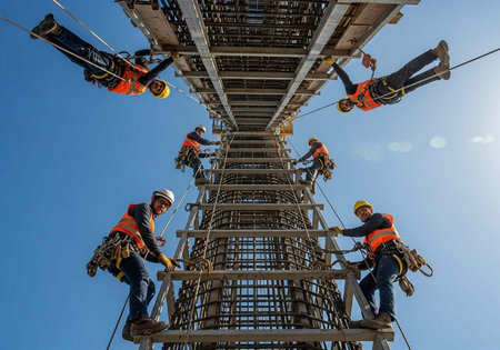 Workers in safety gear climbing a tall metal structure against a clear blue skyの写真素材