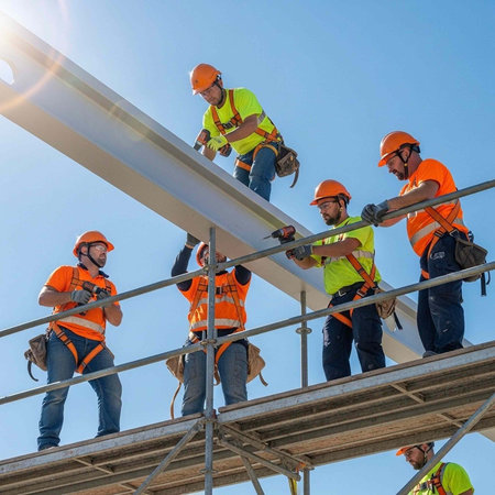 Construction workers in orange vests and hard hats working on scaffolding at height