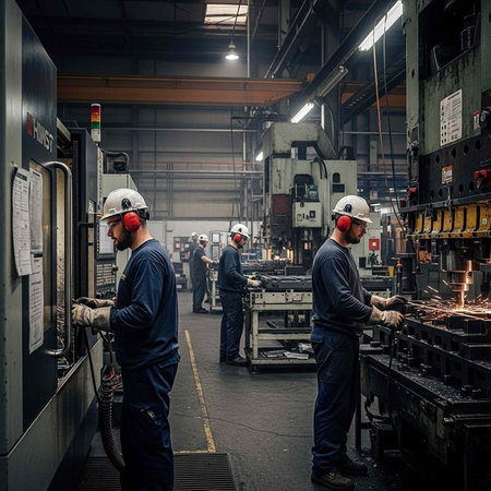 Industrial workers in a factory operating heavy machinery with safety gear