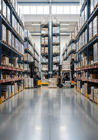 A large warehouse with high shelves and a forklift transporting boxes and pallets efficientlyの写真素材