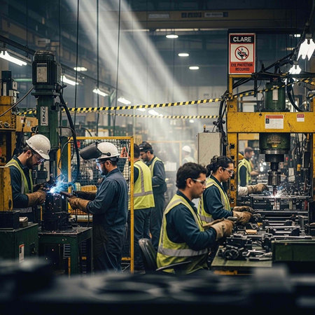 Industrial workers in a factory setting, wearing safety gear and operating machinery