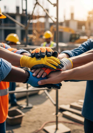 A group of construction workers stacking their hands together in unity and teamwork on a building siteの写真素材