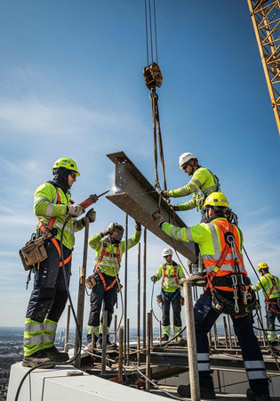 Construction workers in high visibility gear assembling a steel beam on a building siteの写真素材