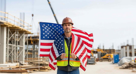A smiling construction worker proudly holding an American flag on a building site