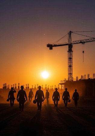 construction site with cranes and silhouettes of people at sunsetの写真素材