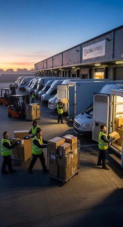Workers in high-visibility vests loading packages into delivery trucks at a warehouse during sunsetの写真素材