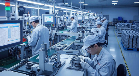 A group of workers in a modern factory working on industrial equipment and computers