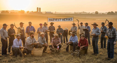 A group of farmers proudly standing in a field with a Harvest Heroes signの写真素材