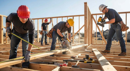 Four construction workers building a house with wooden frames and tools
