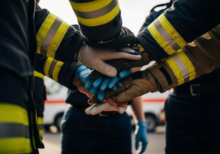 Firefighters stacking their hands in a symbol of teamwork and unity outdoorsの写真素材