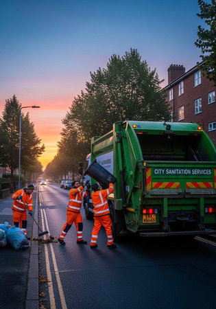 Sanitation workers in orange uniforms collecting trash on a city street at sunsetの写真素材