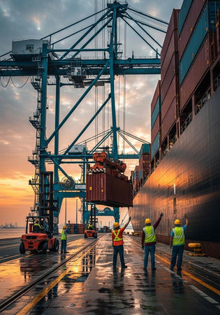 Workers in high-visibility vests direct cargo operations at a bustling shipping port during sunset