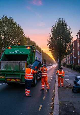 Sanitation workers in orange uniforms collecting trash on a city street at sunset
