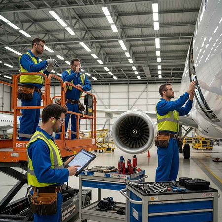 Four technicians in a hangar working on an airplane with tools and equipmentの写真素材