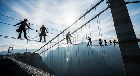 A group of people walking across a high suspension bridge with safety gearの写真素材