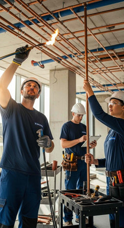 Three construction workers in hard hats and safety gear working on copper pipesの写真素材