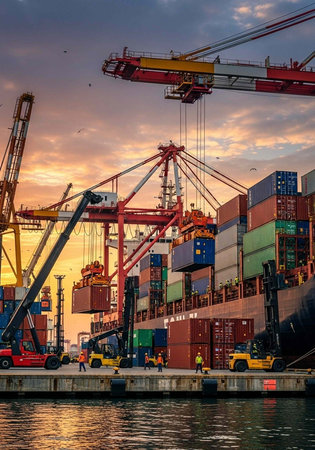 A large cargo ship is docked at a bustling port during sunsetの写真素材
