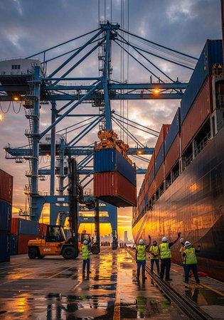Workers in high-visibility vests and hard hats stand near a large cargo ship at sunset
