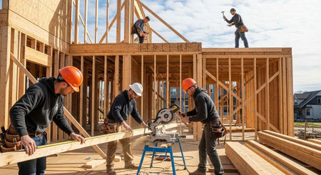 Construction workers building a new house with wooden frames and tools