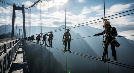 Workers in safety gear crossing a high suspension bridge with mountains in the background