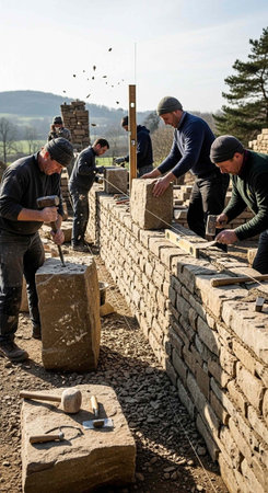 Men working together to build a stone wall in a rural setting outdoorsの写真素材