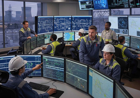 A team of engineers and technicians working together in a modern control room