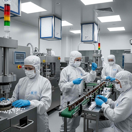 Four workers in white lab coats and masks work on a production line in a cleanroom