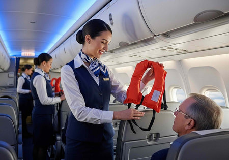 A smiling flight attendant showing a passenger a life jacket on an airplane