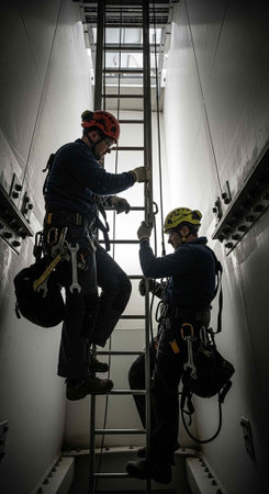 Two workers in safety gear climbing a ladder in a confined industrial spaceの写真素材