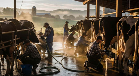 Farmers milking cows in a barn with a rural landscape in the background at sunriseの写真素材