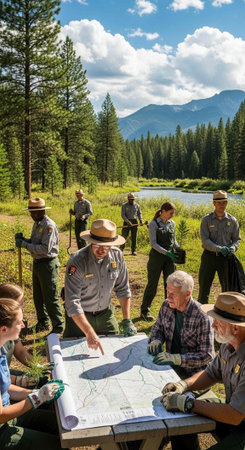 A group of park rangers and volunteers gathered around a large map in a natural setting