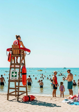 A lifeguard watches over a crowded beach on a sunny day with clear blue skiesの写真素材