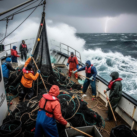 Fishermen working hard on a boat during a stormy weather with lightningの写真素材