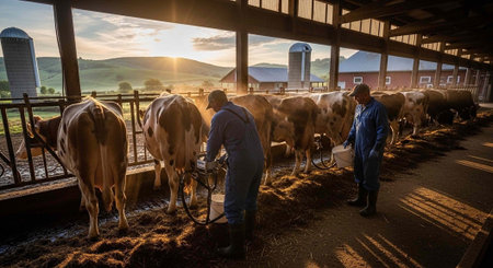 Two farmers milking cows in a large barn at sunrise on a farmの写真素材