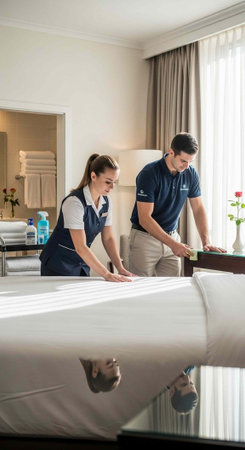Two hotel staff members making a bed in a clean and modern roomの写真素材