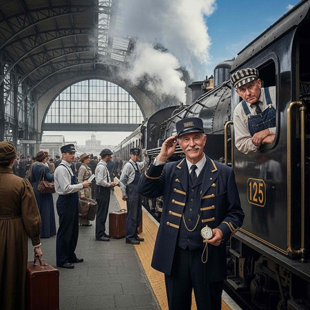 A vintage train station scene with a conductor saluting and passengers boardingの写真素材