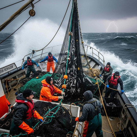 Fishermen on a boat working together to haul in a large fishing netの写真素材