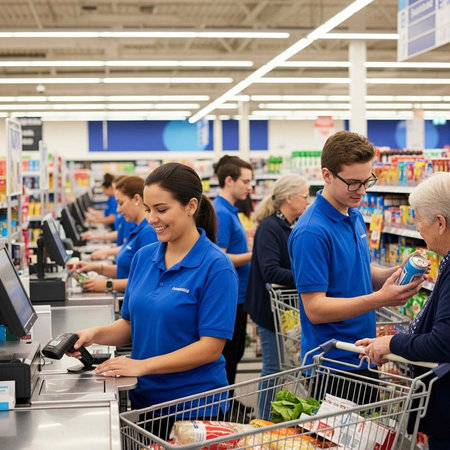 A checkout line at a grocery store with employees scanning groceries for customersの写真素材