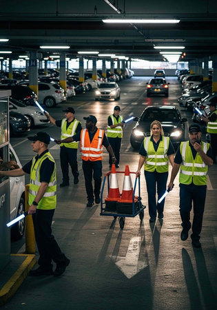 A group of workers in high-visibility vests working together in a parking garageの写真素材